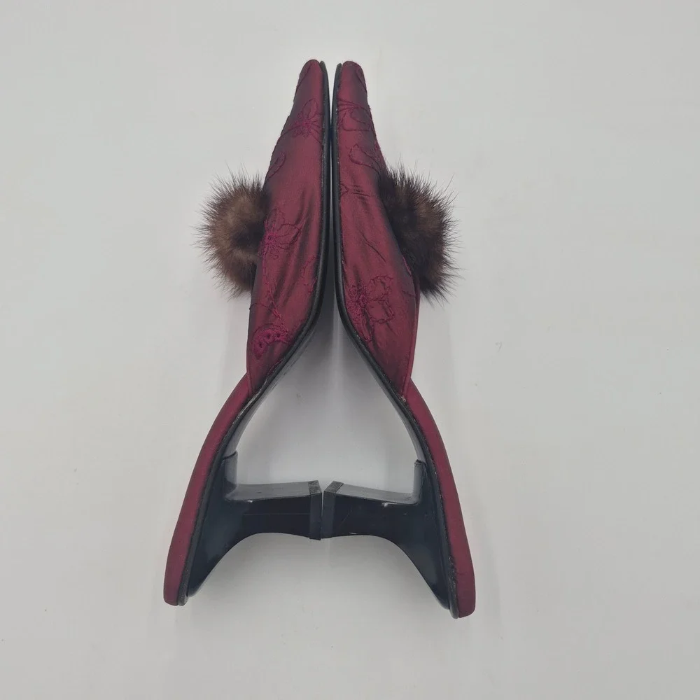 Olivia Rose Tal Italy Burgundy Satin Fur Trim Floral Embroidered Mules Heels 9